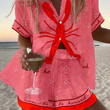 Pallina | Rosa Linned-Shorts-Sæt med Hummer-Print